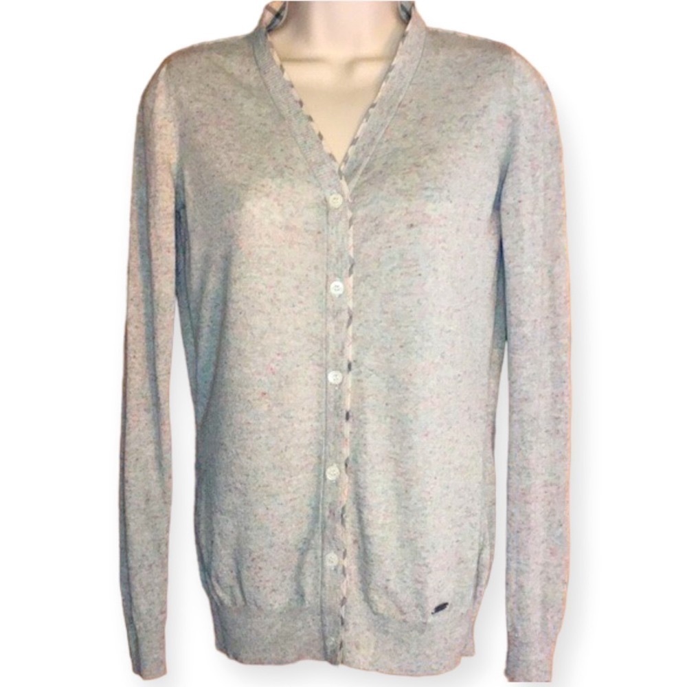Barbour | Pastel Green Popham Cardigan Tartan Plaid Trim Linen Blend Siz…
